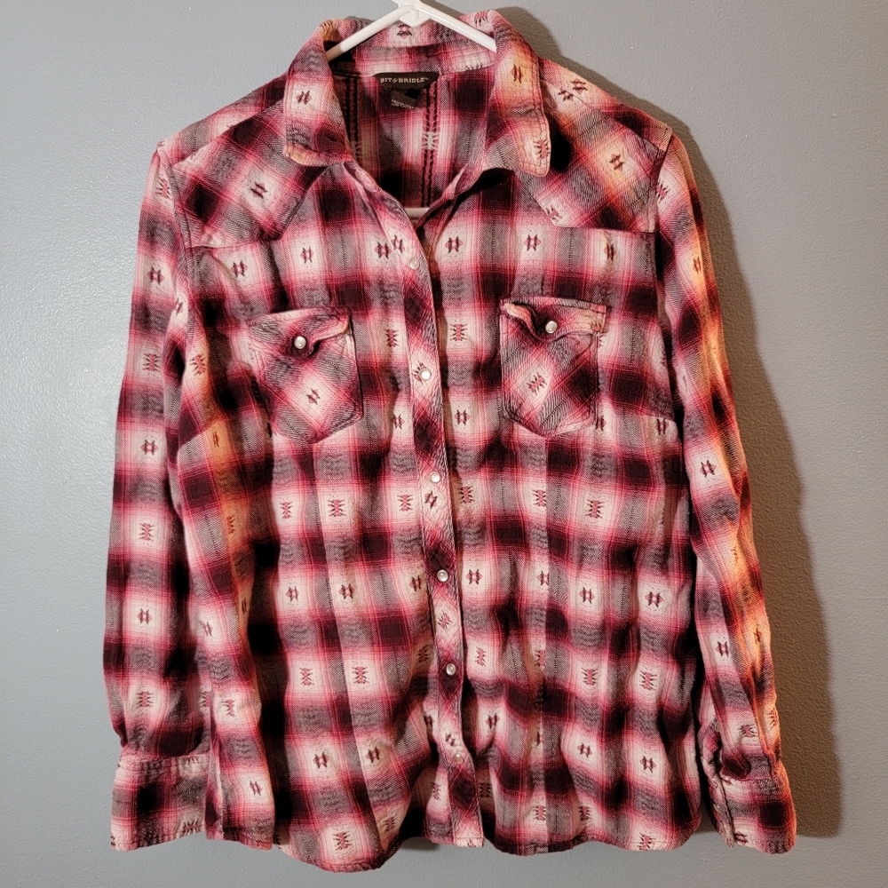 3/$20 Bit & Bridle Maroon Plaid Pearl Snap Button Up